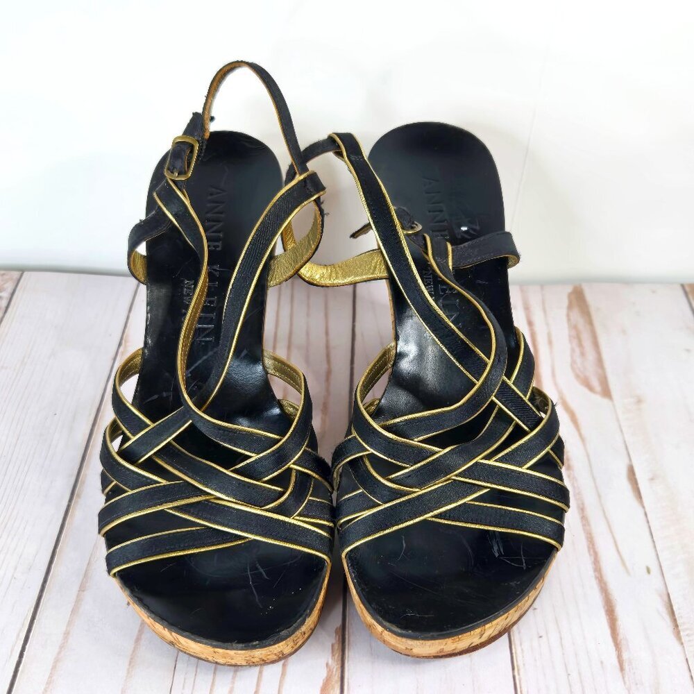 Anne Klein Wedge Sandals Gold & Black Straps Size 8.5 Pre-Owned Great Condition